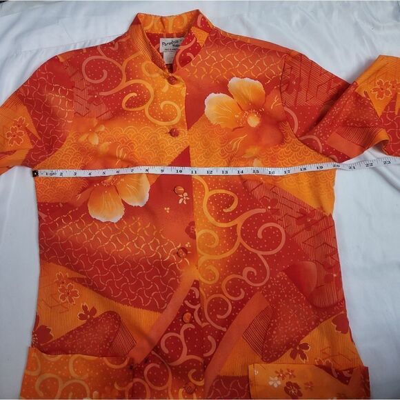VINTAGE 60s Hawaiian print top orange floral‎ button down shirt M - Picture 8 of 9